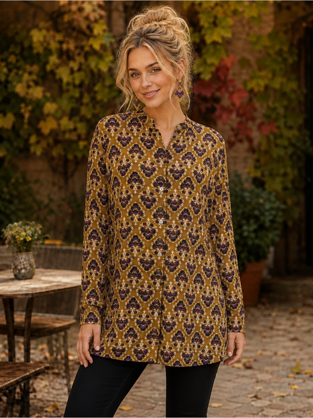 J.Jill Mustard Purple Floral Rayon Button Tunic Estimated XL